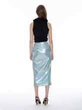 Load image into Gallery viewer, Front Slit Metallic Pleather Pencil Skirt
