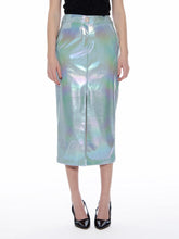 Load image into Gallery viewer, Front Slit Metallic Pleather Pencil Skirt
