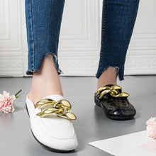 Load image into Gallery viewer, Gold Chain Women Slipper Closed Toe Slip On Mules Shoes Round Toe Low Heels Casual Slides Flat Mules Comfortable Slides Mules Shoes Ladies Slip-On Luxury Shoes
