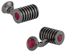 Load image into Gallery viewer, Men&#39;s Gunmetal Ruby Swarovski Barrel Cufflinks
