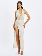 Load image into Gallery viewer, Niamh Golden Beaded Cowl Halter Backless Maxi Dress
