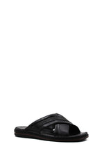 Load image into Gallery viewer, Men's Black Leather Crisscross Slide Slippers with Textured Straps and Cushioned Sole - Wessi
