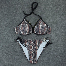 Load image into Gallery viewer, Halter Bikini Bandage Swimsuit Solid Swimwear Sport Liquid Metallic Shiny String Bikini 2 Piece Swimsuit Set Women Shiny Bikini Set Bathing Suit Push Up Two-piece Suit
