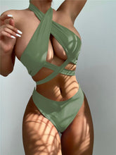 Load image into Gallery viewer, Halter Hollow Cross Bikinis Set Swimsuit Women's New Solid Two-Piece Swimwear Two Piece Swimsuit Halter Crisscross Cut Out Bikini Wrap Top with High Waist  Bottom Beach Swimwear Summer Beachwear Woman Bath Bathing Suit
