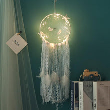 Load image into Gallery viewer, Handmade White Feather Dream Catcher Wind Chimes Hanging Ornaments Ceiling Decor Room Dream Net  Hanging Craft Gift Car Ornament Ribbons Feathers Wrapped Lights For Bedroom Decor Wedding Decorations
