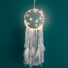Load image into Gallery viewer, Handmade White Feather Dream Catcher Wind Chimes Hanging Ornaments Ceiling Decor Room Dream Net  Hanging Craft Gift Car Ornament Ribbons Feathers Wrapped Lights For Bedroom Decor Wedding Decorations
