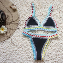 Load image into Gallery viewer, Handmade Women Bikini Crochet Knit Swimwear Halter Patchwork Bathing Suit Women's Swimsuit Strappy Side 2 Piece Bikini Set Triangle Beach Swimwear
