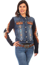 Load image into Gallery viewer, Honey Creek Aztec Embroidery - Womens Sweater Sleeve Denim Jacket

