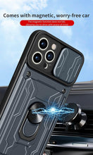Load image into Gallery viewer, Heavy Duty Armor Case Card Pocket for iPhone 11 Pro 7 8 Plus Magnetic Phone Holder Cover Slide Lens Protection Design Card Holder Slot With Rotating Ring Armor Bumper Shockproof Case
