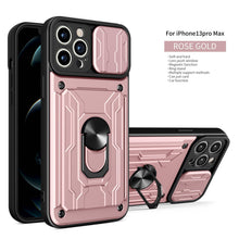 Load image into Gallery viewer, Heavy Duty Armor Case Card Pocket for iPhone 11 Pro 7 8 Plus Magnetic Phone Holder Cover Slide Lens Protection Design Card Holder Slot With Rotating Ring Armor Bumper Shockproof Case
