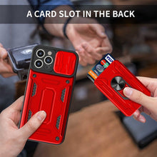 Load image into Gallery viewer, Heavy Duty Armor Case Card Pocket for iPhone 11 Pro 7 8 Plus Magnetic Phone Holder Cover Slide Lens Protection Design Card Holder Slot With Rotating Ring Armor Bumper Shockproof Case
