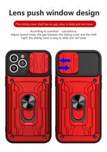 Load image into Gallery viewer, Heavy Duty Armor Case Card Pocket for iPhone 11 Pro 7 8 Plus Magnetic Phone Holder Cover Slide Lens Protection Design Card Holder Slot With Rotating Ring Armor Bumper Shockproof Case
