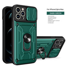 Load image into Gallery viewer, Heavy Duty Armor Case Card Pocket for iPhone 11 Pro 7 8 Plus Magnetic Phone Holder Cover Slide Lens Protection Design Card Holder Slot With Rotating Ring Armor Bumper Shockproof Case
