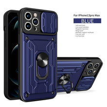 Load image into Gallery viewer, Heavy Duty Armor Case Card Pocket for iPhone 11 Pro 7 8 Plus Magnetic Phone Holder Cover Slide Lens Protection Design Card Holder Slot With Rotating Ring Armor Bumper Shockproof Case
