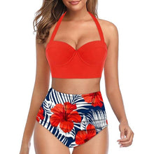 Load image into Gallery viewer, High Waist Bikini Leaf Print Swimsuit Women Push Up Swimwear Female Halter Bathing Suit Vintage Swimming Suit Women Vintage Underwire High Waist Swimsuit Two Pieces Halter Lace Up Adjustable Bikini Top
