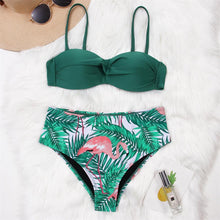 Load image into Gallery viewer, High Waist Bikini Set Women  Bikini Flower Swimwear Women High Waist Bikini Halter Two Piece Bathing Suits Tummy Control Swimsuit Push Up Swimwear Vintage Halter Neck Swimsuit Female Green Bathing Suit
