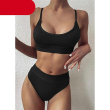 Load image into Gallery viewer, High Waist Bikinis Ribbed Swimwear Women Push Up Swimsuits Women's Scoop Neck Swimsuits High Waist Bikini Sets 2 Piece Bathing Suit Solid Strap Bathing Suit Female Set
