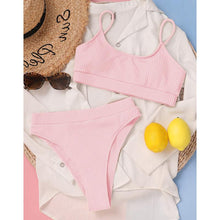 Load image into Gallery viewer, High Waist Bikinis Swimwear Women Push Up Swimsuits Solid High Waist Bikini Sets Sporty Two Pieces Swimsuit Scoop Neck Bathing Suits for Women Ribbed Bathing Suits High Cut Summer Beachwear
