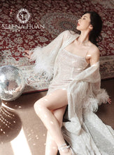 Load image into Gallery viewer, Ostrich Feather sequin mesh long robe dress with nightgown pink ivory-next day shipping

