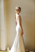 Load image into Gallery viewer, Goddess Style Pearl Beaded Spaghetti-straps Mermaid Satin wedding dress small train
