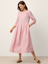 Load image into Gallery viewer, 100% Linen Crescent Neck Decorative Button Waist Pleated Maxi Dress GWENYTH
