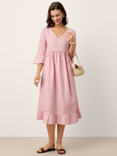 Load image into Gallery viewer, 100% Linen V-Neck Ruffle Hem Midi Dress with Crochet Trim MARTHA
