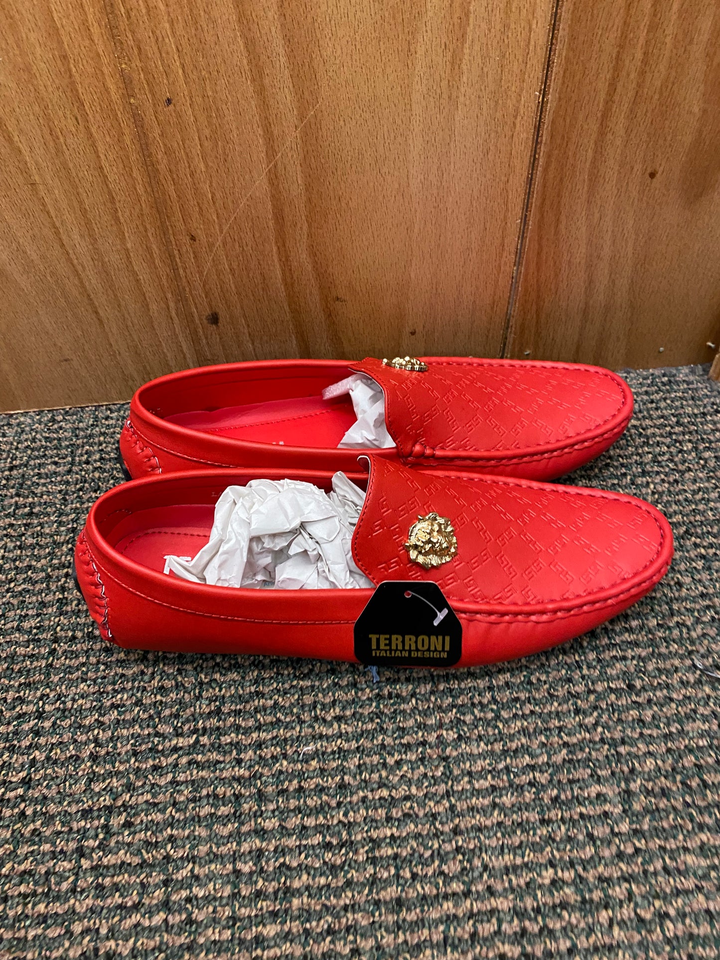 Terroni Italian Design Red Men's Slip-on Dress/Driver Shoe with Gold Lionhead