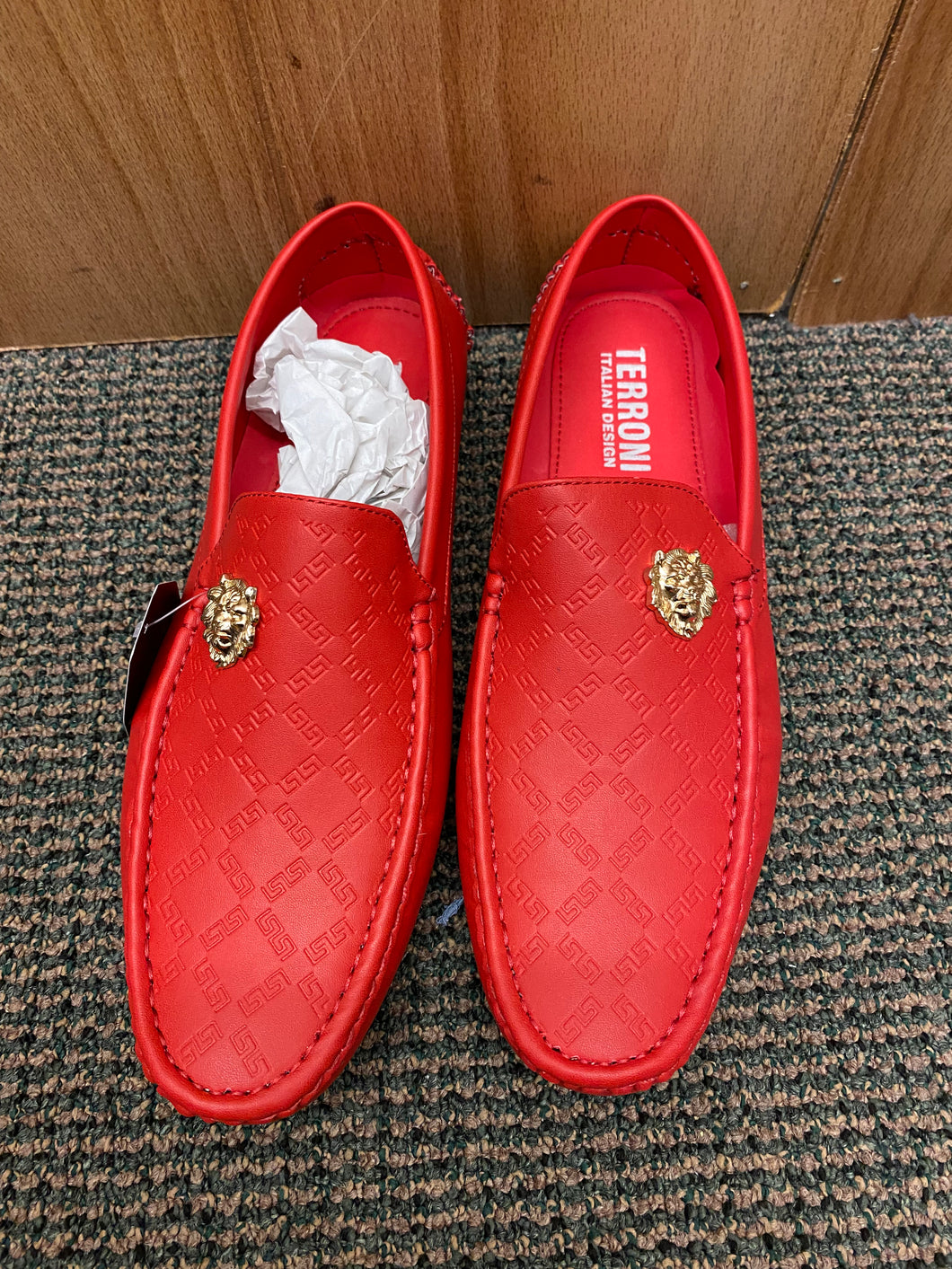 Terroni Italian Design Red Men's Slip-on Dress/Driver Shoe with Gold Lionhead