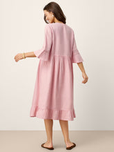 Load image into Gallery viewer, 100% Linen V-Neck Ruffle Hem Midi Dress with Crochet Trim MARTHA
