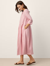 Load image into Gallery viewer, 100% Linen Crescent Neck Decorative Button Waist Pleated Maxi Dress GWENYTH
