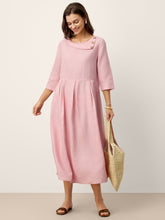 Load image into Gallery viewer, 100% Linen Crescent Neck Decorative Button Waist Pleated Maxi Dress GWENYTH
