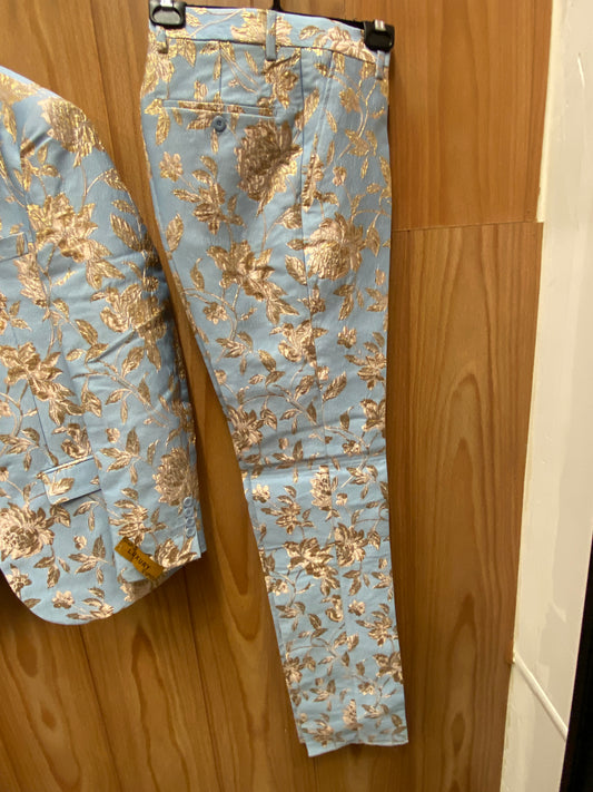 Luxury Sky Blue/Gold Floral 2-Piece Modern Fit Suit