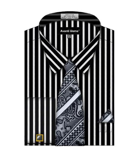 AVANTI UOMO BOLD STRIPED FRENCH CUFF SHIRT ALL OVER BODY DN127M BK/WH