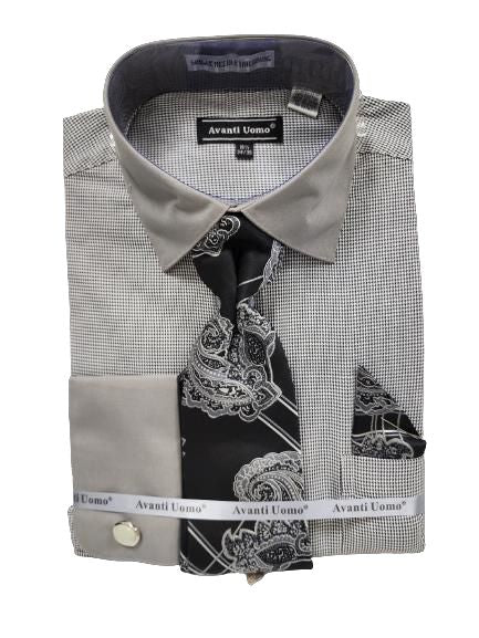 AVANTI UOMO JQD PATTERN WITH TONE ON TONE COLLAR & FRENCH CUFF Men's Dress Shirt DN130M BLACK