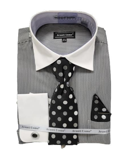 AVANTI UOMO MICRO STRIPE W/ WHITE COLLAR & FRENCH CUFF Men's Dress Shirt DN129M BLACK
