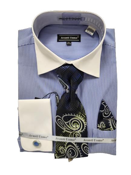 AVANTI UOMO MICRO STRIPE W/ WHITE COLLAR & FRENCH CUFF Men's Dress Shirt DN129M BLUE