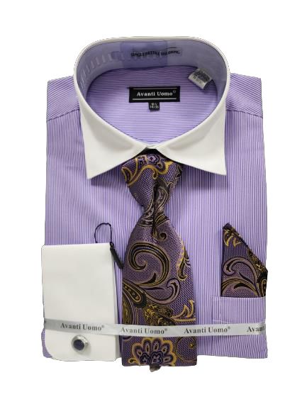 AVANTI UOMO MICRO STRIPE W/ WHITE COLLAR & FRENCH CUFF Men's Dress Shirt DN129M Lavender