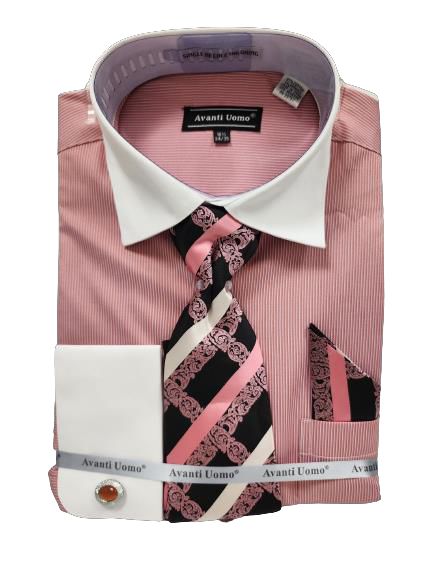 AVANTI UOMO MICRO STRIPE W/ WHITE COLLAR & FRENCH CUFF Men's Dress Shirt DN129M Rust