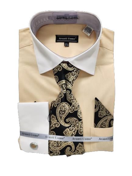 AVANTI UOMO MICRO STRIPE W/ WHITE COLLAR & FRENCH CUFF Men's Dress Shirt DN129M Soft Butter