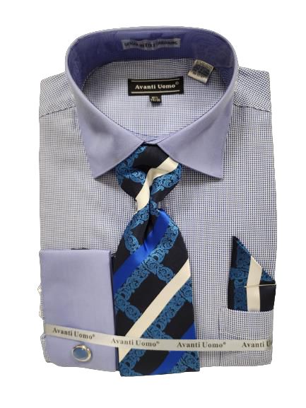 AVANTI UOMO JQD PATTERN WITH TONE ON TONE COLLAR & FRENCH CUFF Men's Dress Shirt DN130M Blue