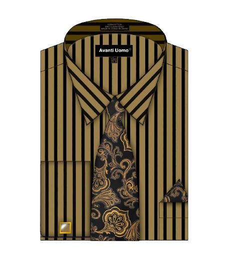 AVANTI UOMO BOLD STRIPED FRENCH CUFF SHIRT ALL OVER BODY DN127M Tan