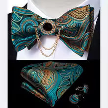 Load image into Gallery viewer, Business Elegant Gold Black Pattern Elegant Wedding Silk Bowtie Men Butterfly Fashion Bow Ties Pocket Square Classic Business Tuxedo Wedding Bowties Handkerchief Set
