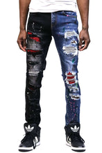 Load image into Gallery viewer, Aspen Men's heavy washed half and half two tone washing stretchable skinny denim pants with rhinestone details.
