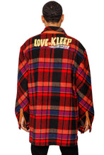 Load image into Gallery viewer, AUREOLIN Men's graphic prints and patches red plaid pattern cotton heavy flannel elongated oversize snap button outer shirt.
