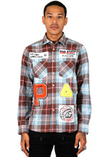 Load image into Gallery viewer, BANAN Men's graphic prints and patches blue tone plaid pattern cotton flannel button down shirt
