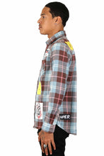 Load image into Gallery viewer, BANAN Men's graphic prints and patches blue tone plaid pattern cotton flannel button down shirt
