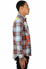 Load image into Gallery viewer, BANAN Men's graphic prints and patches blue tone plaid pattern cotton flannel button down shirt

