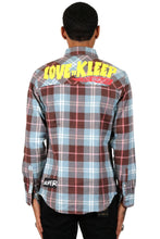 Load image into Gallery viewer, BANAN Men's graphic prints and patches blue tone plaid pattern cotton flannel button down shirt
