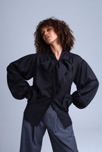 Load image into Gallery viewer, Protagonista Tencel Bow-Tie Black Blouse With Voluminous Airy Sleeves
