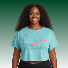 Load image into Gallery viewer, LA Gear Women’s Cropped Tee | Light Aqua with Slate x Pink Logo
